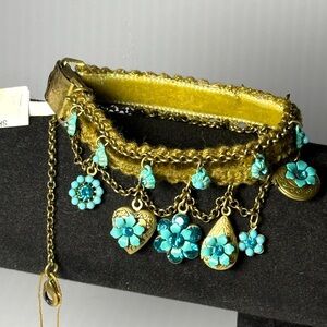 Michal Negrin Golden and Turquoise Floral Velvet Charm Bracelet.